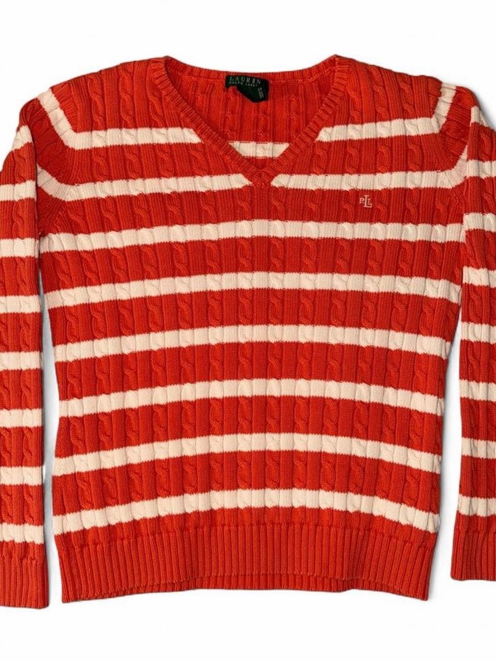 Lauren Ralph Lauren Red White Cable Knit V-Neck Sweater L